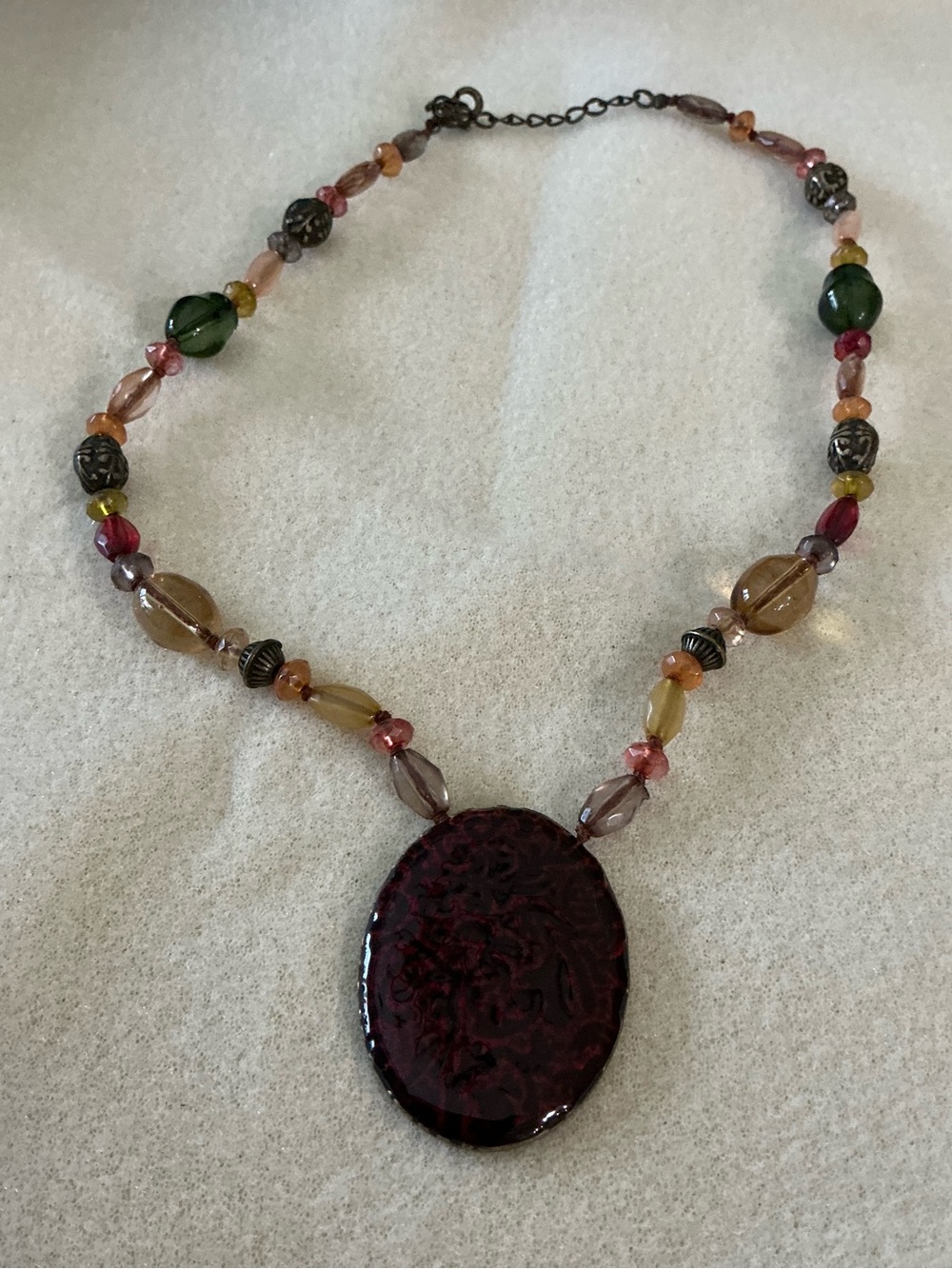 Multicolor Bead Necklace with Dark Red Pendant, 20”
